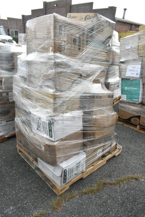 Pallet with brand new scratch and dent items including food trays, toilet paper, and tumblers, wrapped in plastic.