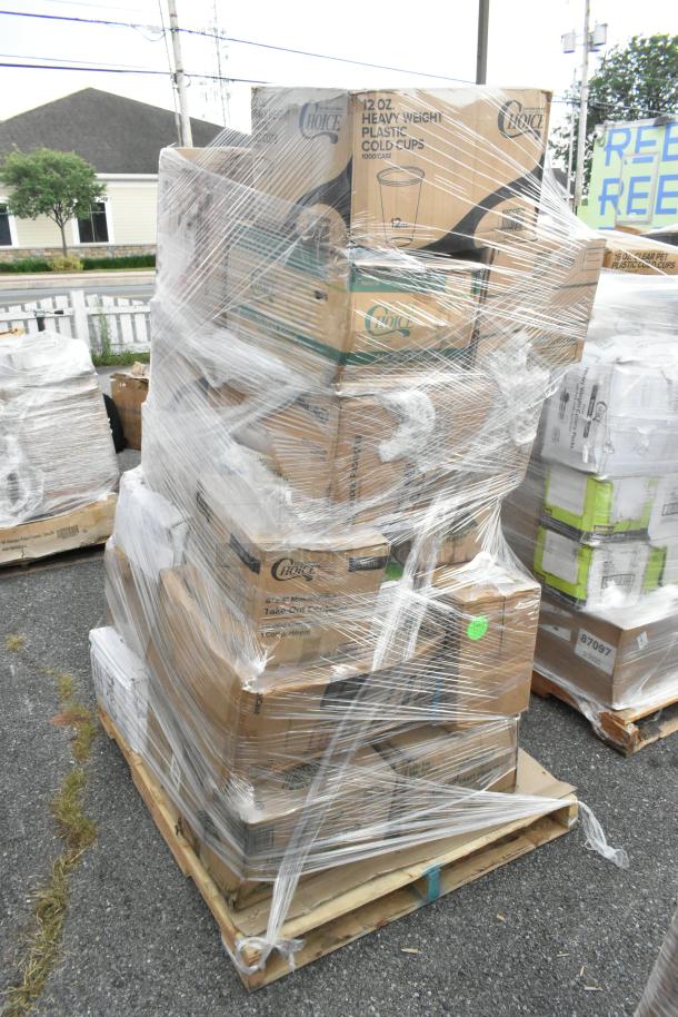 Pallet with 30 new scratch and dent items, including food trays, toilet paper, tumblers, and containers, in wrapped boxes.