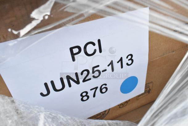 Cardboard box labeled "PCI JUN25-113 876" containing 30 new scratch and dent items, including trays and containers.
