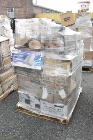 Pallet with 30 brand new "scratch and dent" items wrapped in plastic, including containers, steam pans, lids, plates, and paper towels.