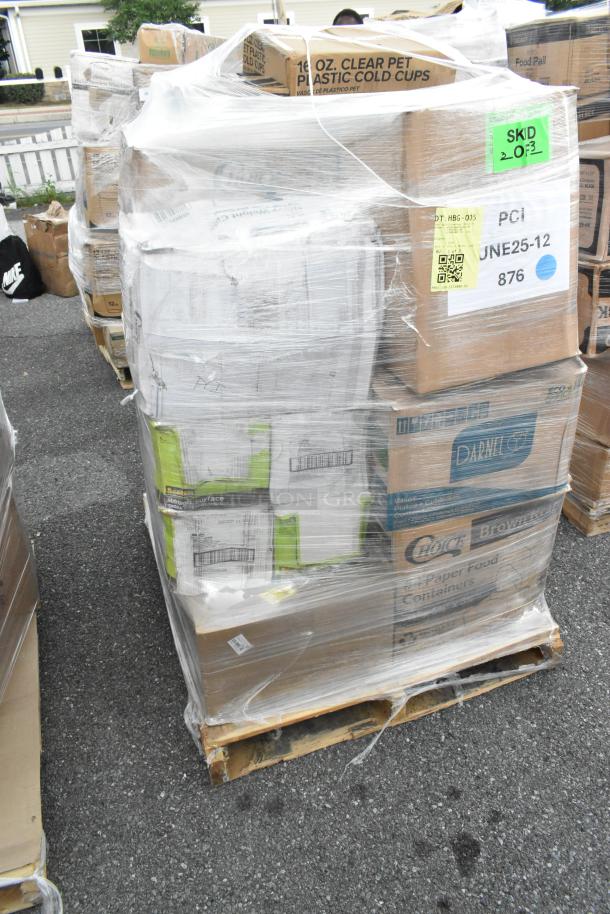 Plastic-wrapped pallet with various boxes labeled for 16 oz. plastic cold cups and other containers. Includes visible markings and barcodes.