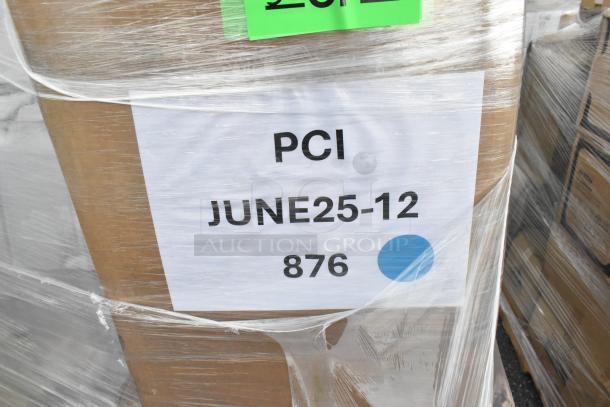 Cardboard box wrapped in plastic with a label "PCI JUNE25-12 876." Contains 30 scratch and dent items like containers and lids.