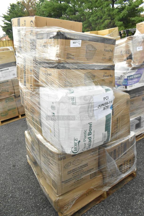 Pallet of boxed items, including containers, lids, and plates, wrapped in plastic. Brand new, some scratch and dent.