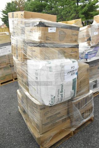 Pallet of boxed items, including containers, lids, and plates, wrapped in plastic. Brand new, some scratch and dent.