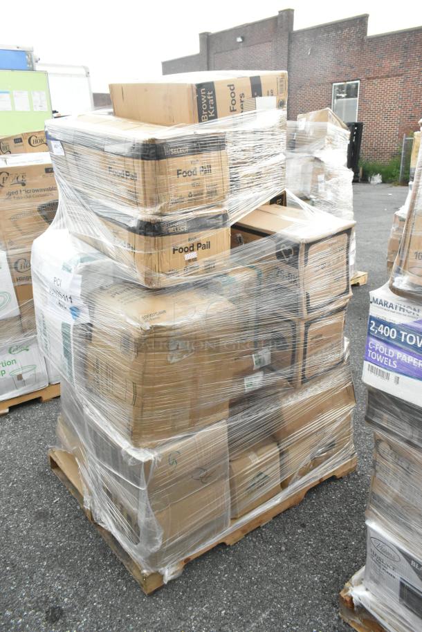Pallet with 25 new scratch and dent items, including containers and lids, wrapped in plastic. Visible cardboard boxes marked "Food Pail" and "C-Fold Paper Towels."