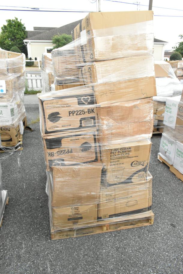 Pallet with multiple boxes of plastic containers and lids in shrink wrap. Labels: "PP225-BK," "7 oz. PET Cups," "Choice," "EcoPak."