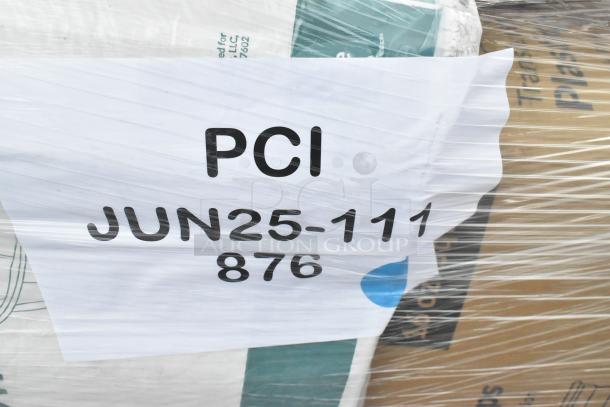 Plastic-wrapped pallet labeled "PCI JUN25-111 876," containing 25 new scratch and dent items, including containers and plates.
