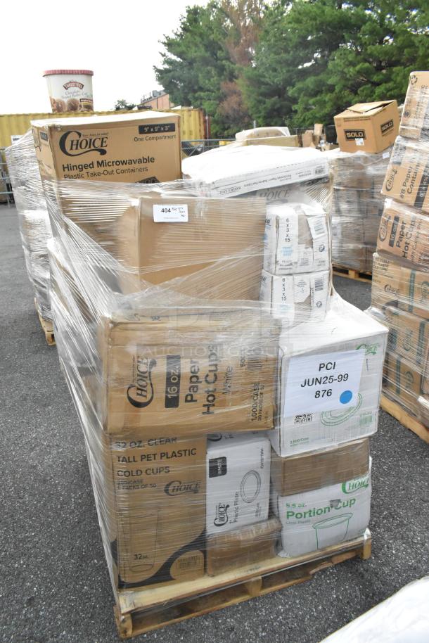 Auction pallets with 26 new scratch and dent items, including Choice cold cups and food trays, plastic-wrapped and labeled.