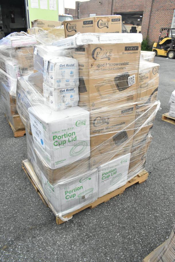 Pallet with 26 brand new scratched items, including cold cups, gloves, and portion cup lids. Packaged in original boxes.