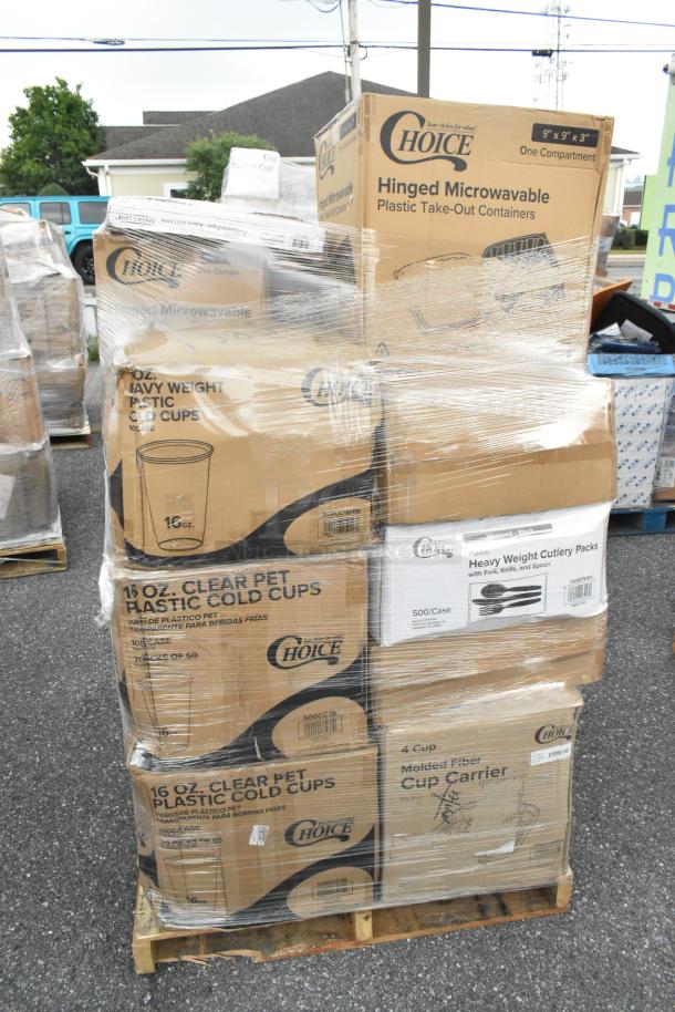Pallet with assorted new "Choice" brand packaging items, including cold cups, cutlery packs, and take-out containers, wrapped in plastic.
