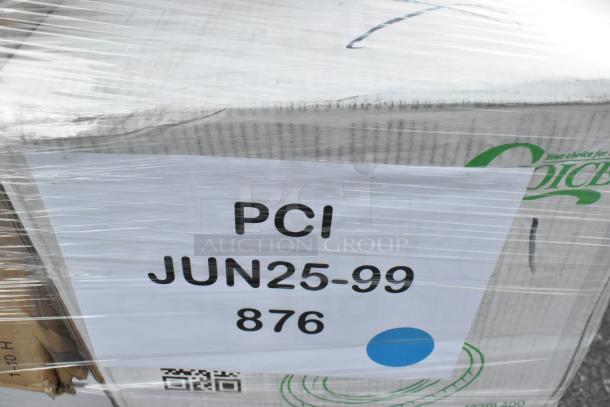 Auction lot of 26 brand new scratch and dent items including cold cups, gloves, souffle cups, and food trays. Packaging marked PCI JUN25-99 876.