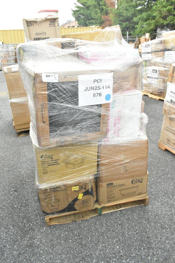 Assorted scratch and dent items including deli containers, hot cups, and sandwich wrap sheets, in original packaging on a pallet.