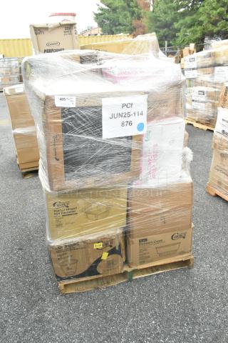 Assorted scratch and dent items including deli containers, hot cups, and sandwich wrap sheets, in original packaging on a pallet.