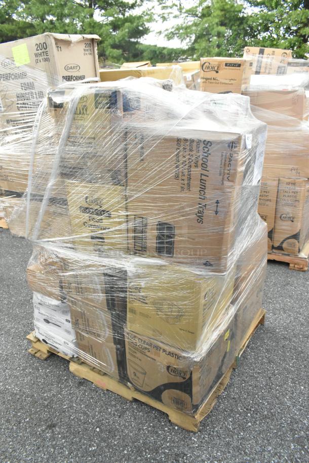 Pallet of 35 mixed items wrapped in plastic, including Del containers, hot cups, and sandwich wrap sheets. New, scratch and dent condition.
