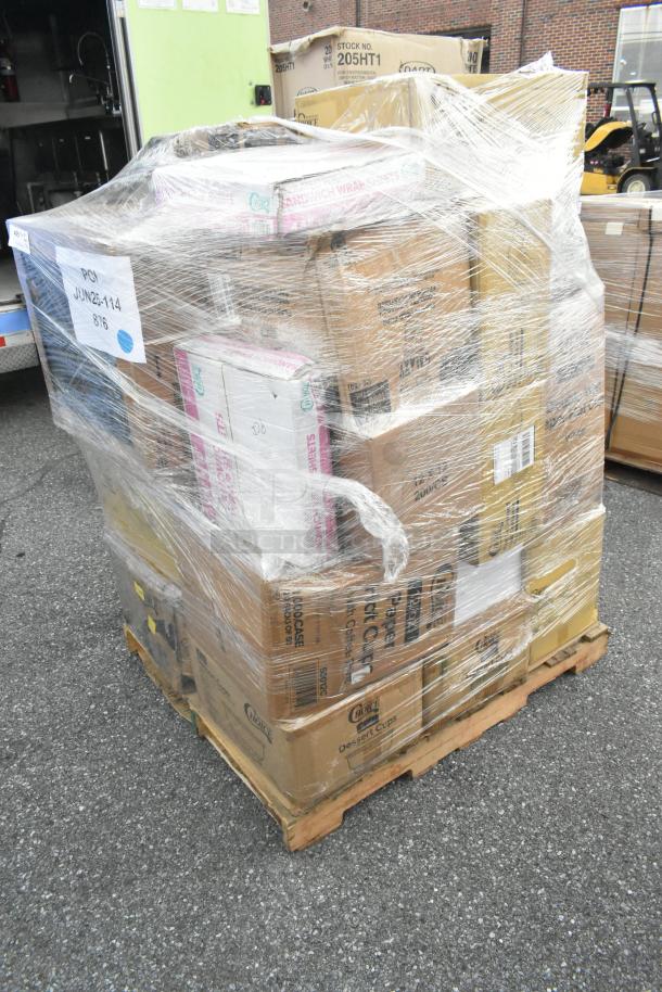 Pallet of 35 new scratch and dent items, including deli containers, hot cups, and sandwich wrap sheets. Box labels visible.