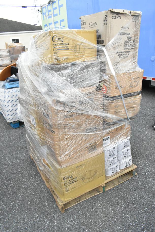 Pallet of 35 new scratch and dent items, including deli containers, hot cups, sandwich wrap sheets; wrapped in plastic.
