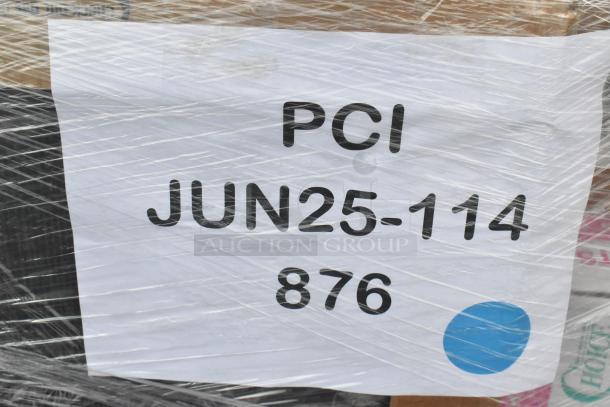 Pallet with plastic-wrapped label "PCI JUN25-114 876," indicating lot of scratch and dent items including del containers.
