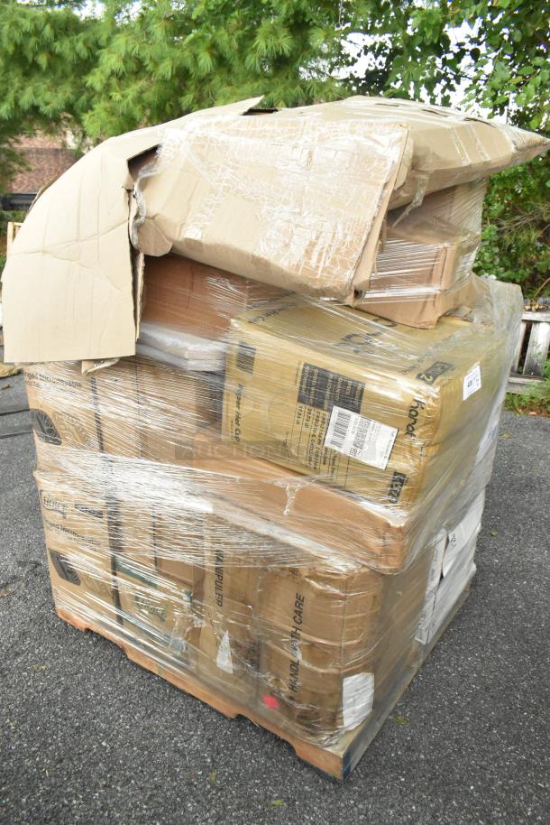 Pallet of 20 new scratch and dent items, including containers, ice cream tub covers, hot cups, and hot dog bags.