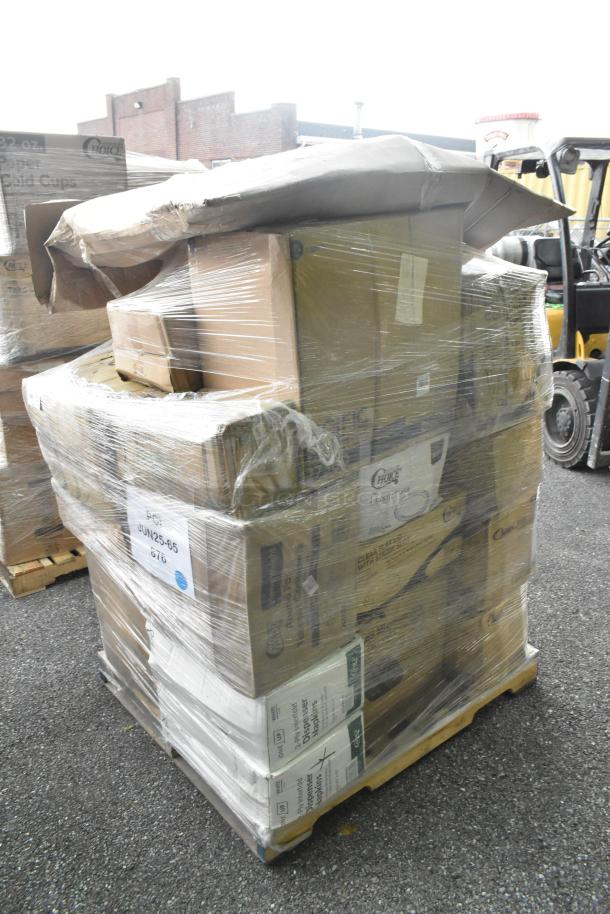 Pallet of assorted scratch and dent containers, ice cream tub covers, hot cups, and hot dog bags wrapped in plastic.