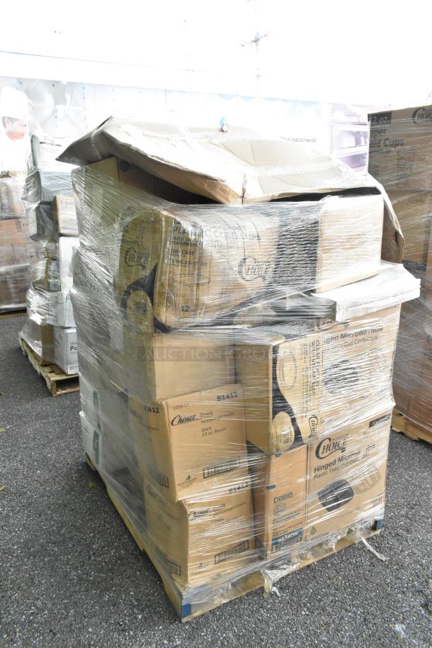 Pallet of 20 new scratch and dent items including containers, ice cream tub covers, hot cups, and hot dog bags, wrapped in plastic.