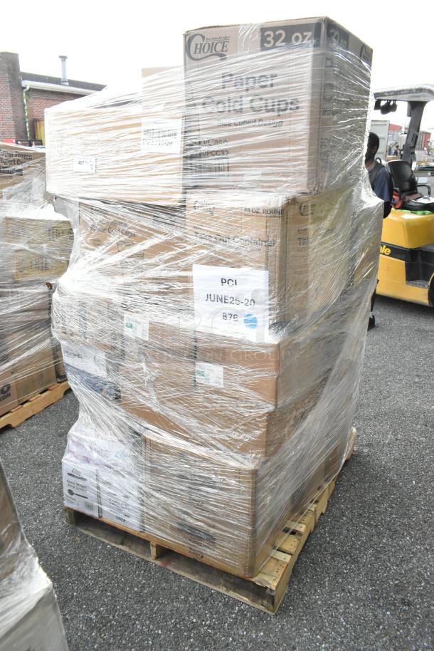 Pallet of 32 brand new scratch and dent items, including foam cups, containers, cake pans, and sandwich wrap sheets.