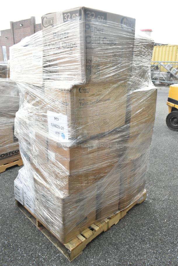 Pallet of scratch and dent items, wrapped with plastic, including Choice brand foam cups and take-out containers.