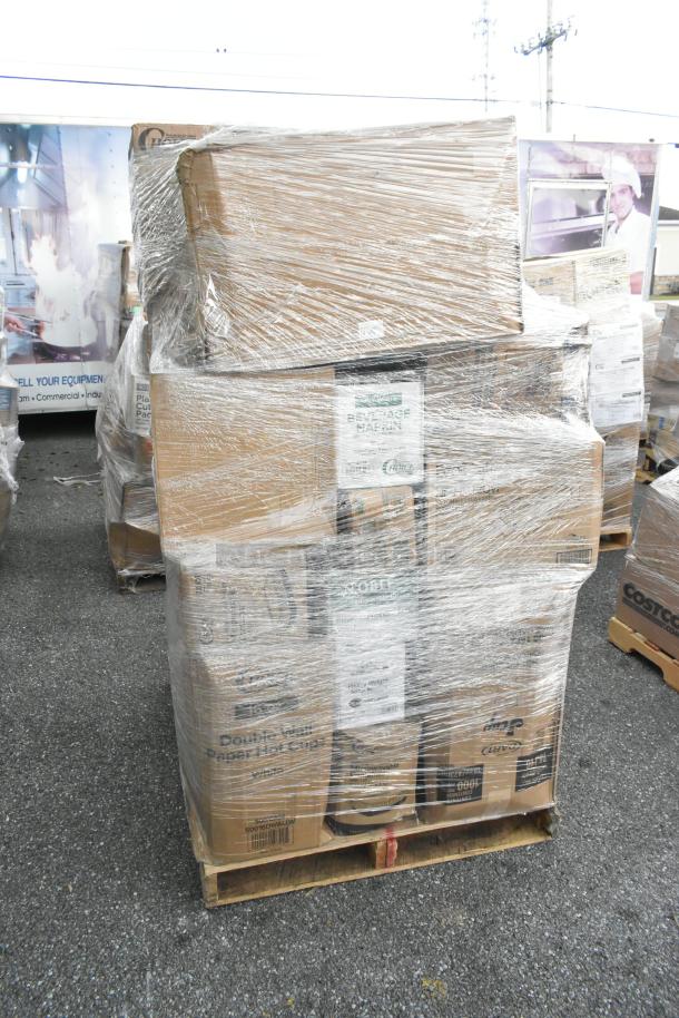 Pallet of 32 brand new scratch and dent items including foam cups, containers, cake pans, sandwich wrap sheets, wrapped in plastic.