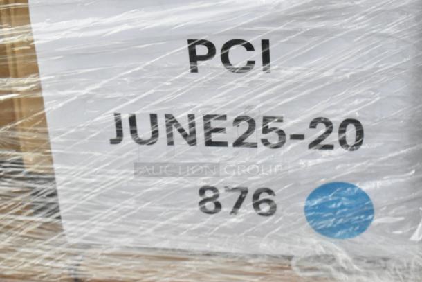 Pallet wrapped in plastic with a label showing "PCI JUNE25-20 876." Contains scratch and dent items: foam cups, containers, cake pans.