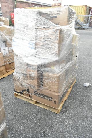 Pallet of shrink-wrapped boxes labeled with brands including Costco. Items include cold cups, to-go containers, towels, and bait blocks new in package.