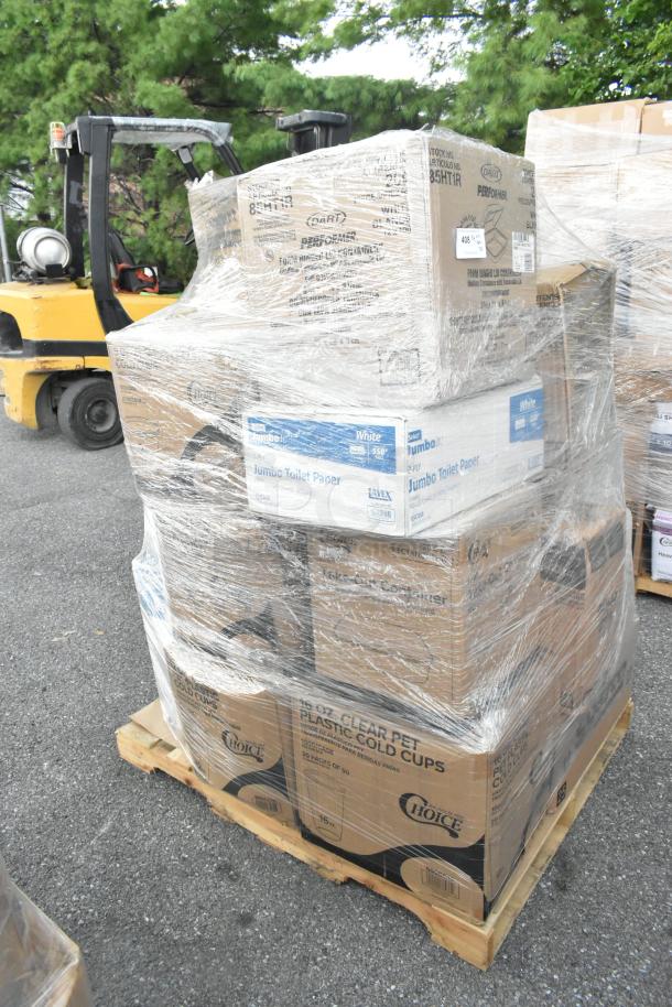 Pallet with shrink-wrapped boxes containing cold cups, toilet paper, and other supplies. Labels indicate contents and condition.