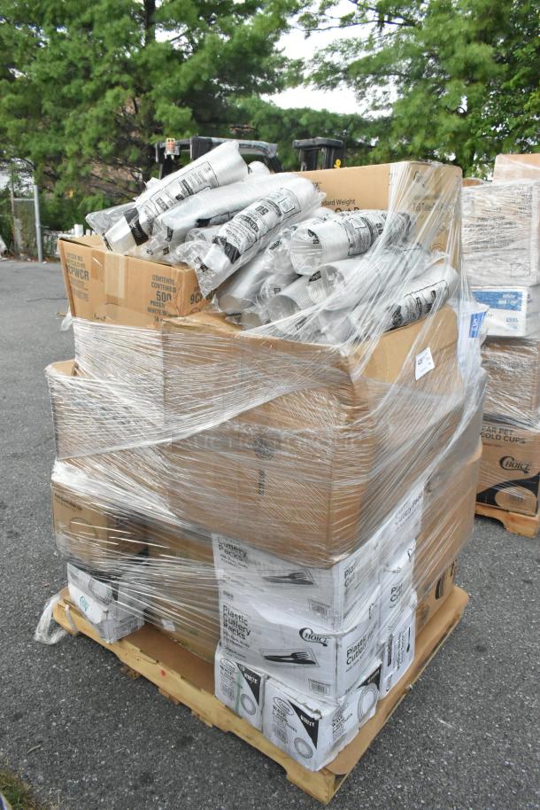 Pallet of 26 new scratch and dent items including trash bags, plates, hot cups, food bags, wrapped in plastic.