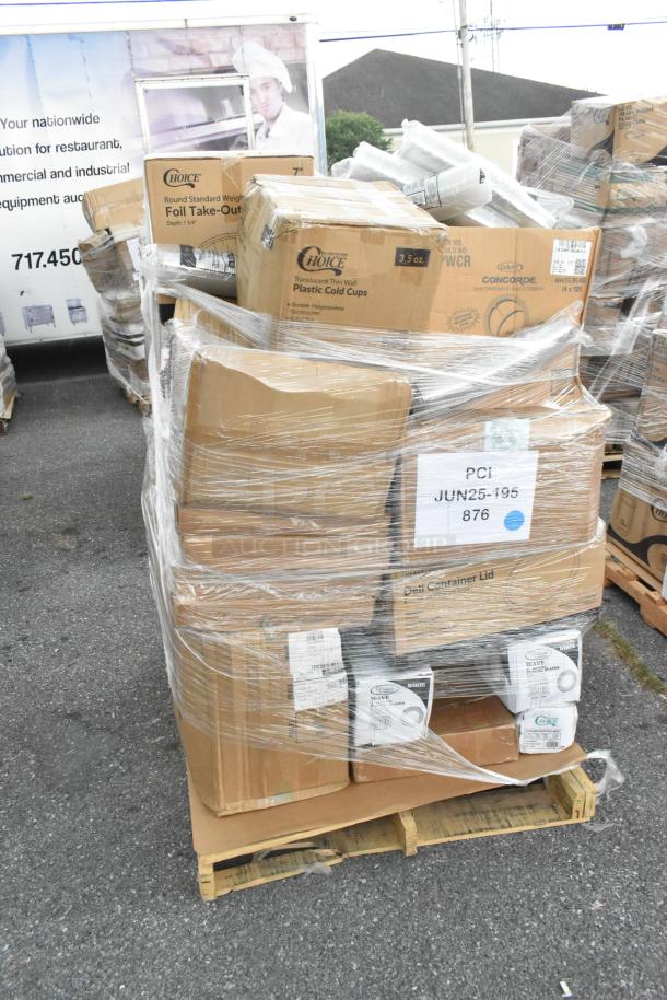 26 brand new scratch and dent items on a pallet, including boxed trash bags, plates, hot cups, and food bags, wrapped in plastic.