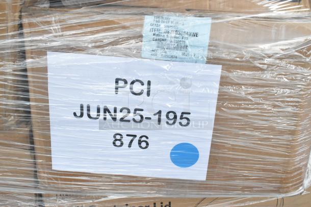 26 new scratch and dent items wrapped on a pallet, including trash bags and plates. Labels show item codes and date.