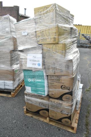Pallet of 26 new scratch and dent items, includes yogurt lids, food containers, deli containers, paper bags, and cold cups.