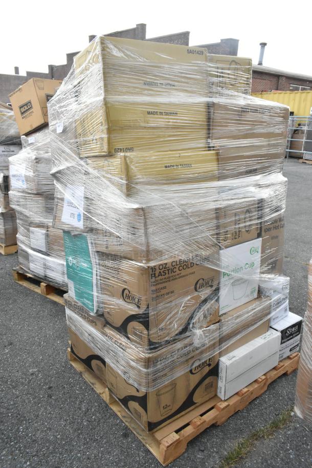 Palette of 26 sealed boxes, containing scratch and dent items like yogurt lids, food containers, deli container, paper bags, cold cups.