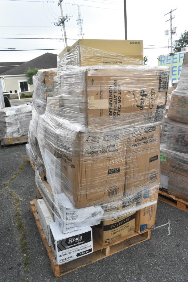 Wrapped pallet with scratch and dent items including paper cups, food containers, plastic cutlery, and gloves.