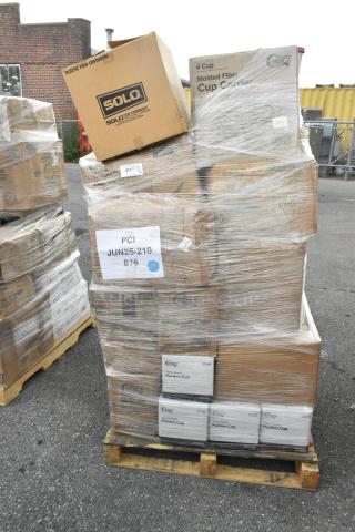 Pallet of 32 brand new items with scratch and dent, including Solo to-go containers, hot cups, Choice portion cups.