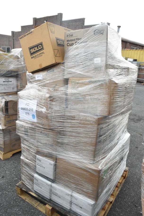 Pallet of 32 brand new scratch and dent items, including Solo cups and carryout containers, wrapped in clear plastic.