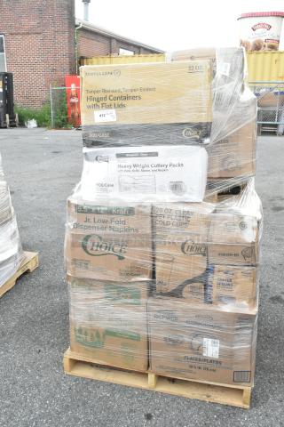 Pallet of 22 new scratch and dent items, including Choice brand cutlery packs, lids, containers, and paper products.
