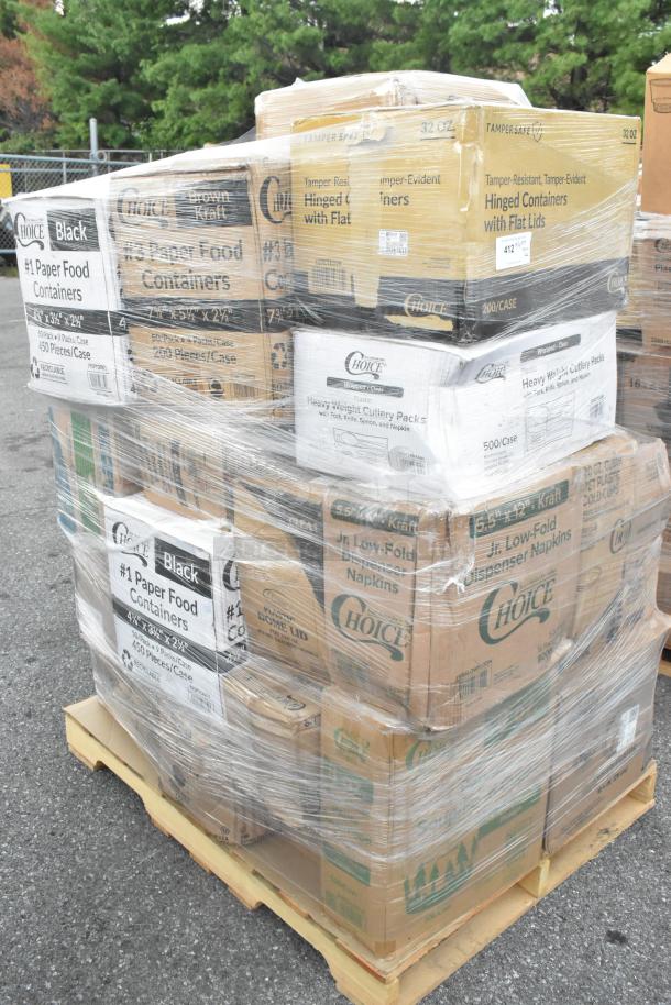Palette of boxed items including paper food containers and cutlery packs, labeled as "Choice" brand, wrapped in plastic, new condition.