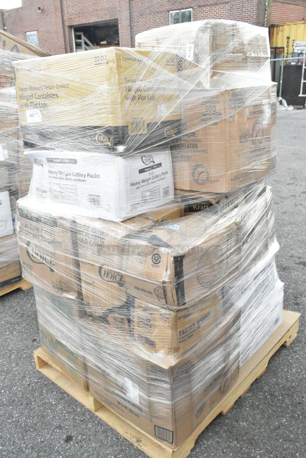 Shrink-wrapped pallet of boxed items, including "Choice" brand cutlery packs, containers, lids, and paper plates. New condition.