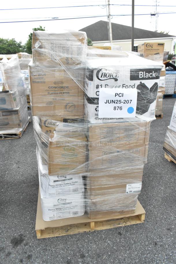 Pallet of new scratch and dent items, including boxes of spoons, lids, to-go containers, and paper plates, wrapped in plastic.