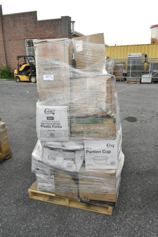 Pallet of assorted catering supplies, including take-out pans, napkins, gloves, bowls. Packaging indicates "Choice" brand items.