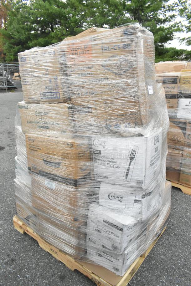Pallet of 23 scratch and dent items including boxes of take-out pans, napkins, gloves, and bowls, wrapped in plastic film.