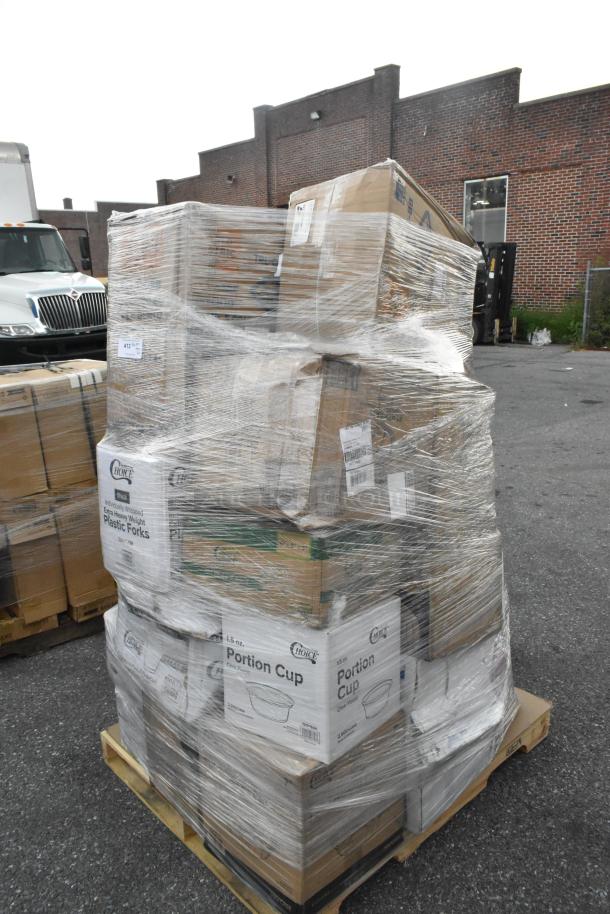 Pallet of 23 brand new scratch and dent items, including take-out pans, napkins, gloves, and bowls, wrapped in plastic.