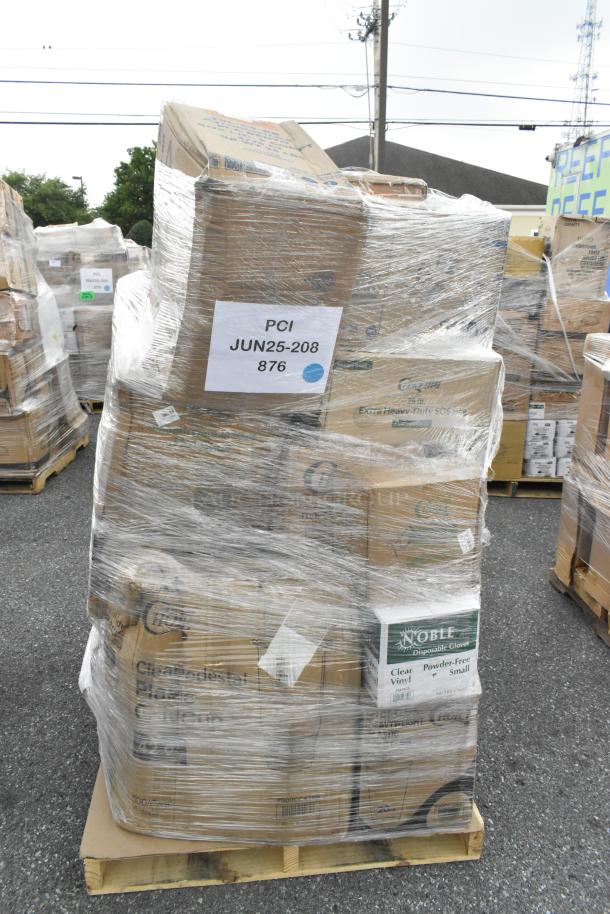 Shrink-wrapped pallet of 23 new Scratch and Dent items including take-out pans, napkins, gloves, and bowls. Visible label: PCI JUN25-208 876.
