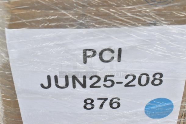 Pallet wrapped in plastic with a visible label reading "PCI JUN25-208 876" and a blue dot sticker, containing 23 scratch and dent items.