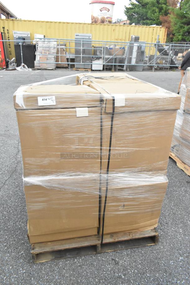 Pallet of 14 navy vinyl bucket barstool cushions, new scratch and dent, 19"W x 17"D, wrapped and boxed.