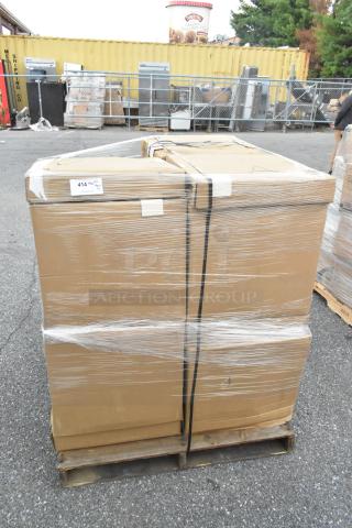 Pallet of 14 navy vinyl bucket barstool cushions, new scratch and dent, 19"W x 17"D, wrapped and boxed.