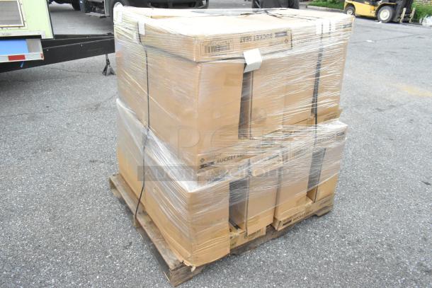 Pallet of 14 scratch-and-dent items, including 164CUSHBUCNVY bucket barstool cushions, 19"W x 17"D, navy vinyl.